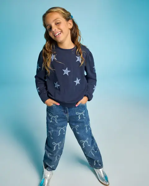 Navy Star Print Sweatshirt with Bow Detail Jeans — Winter Outfits for Kids