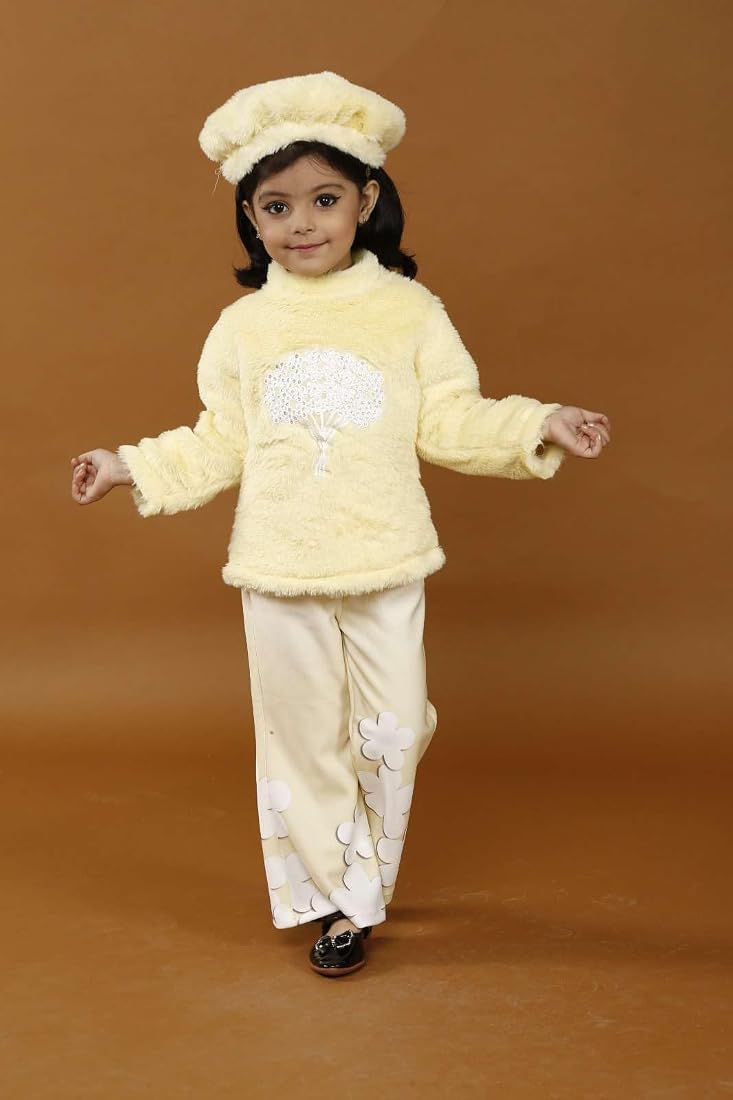 Playful Yellow Fuzzy Top with Graphic and Beret — Winter Outfits for Kids