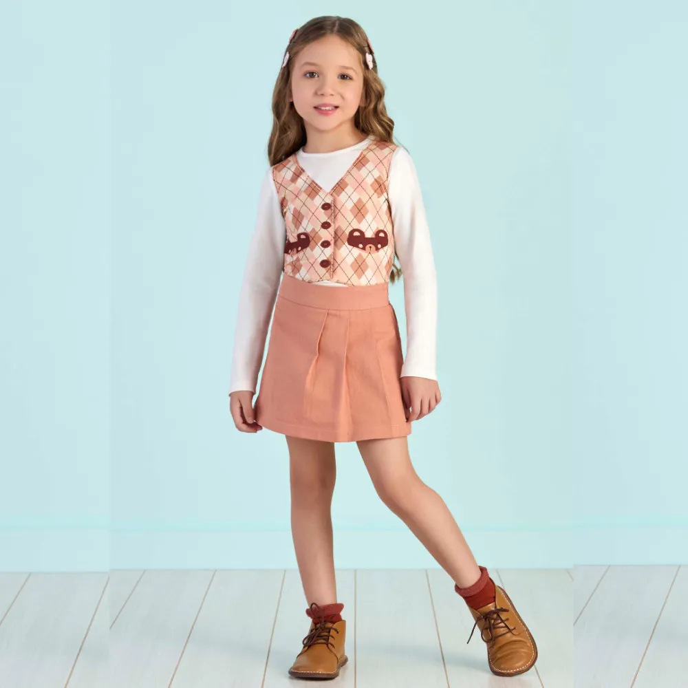 Argyle Knit Vest Over Long-Sleeve Shirt with A-Line Skirt — Winter Outfits for Kids