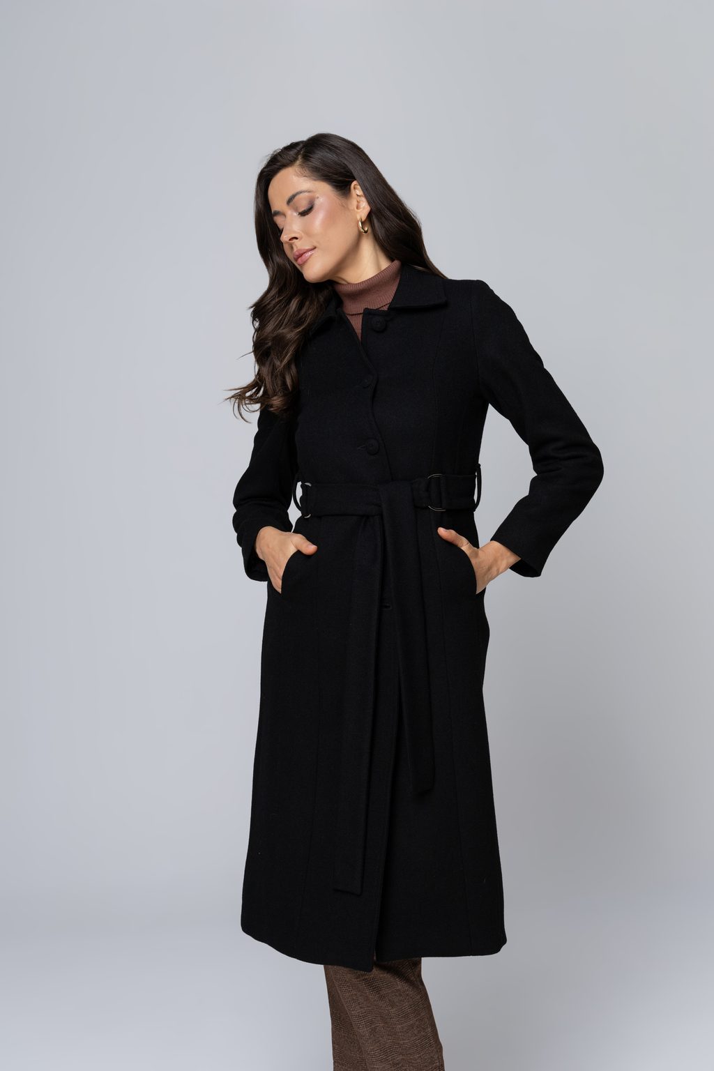 Belted Black Wool Coat Over Turtleneck with Plaid Trousers — Chicago Winter Outfits