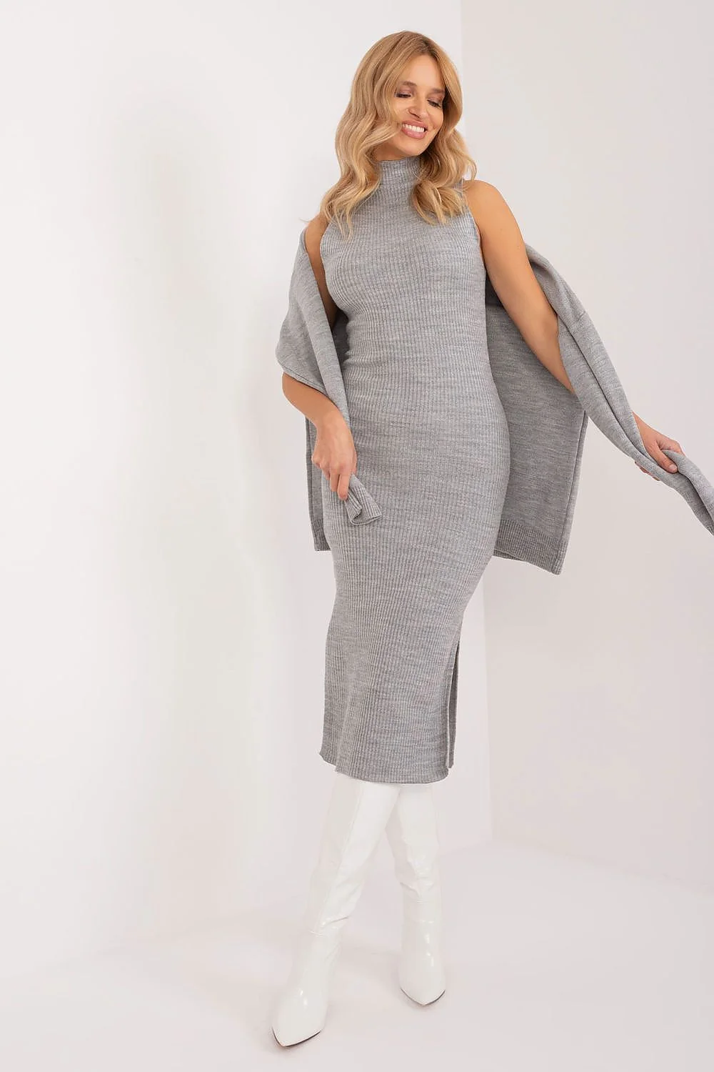 Grey Ribbed Knit Dress and Cardigan Set with Boots — Knit Set Outfits