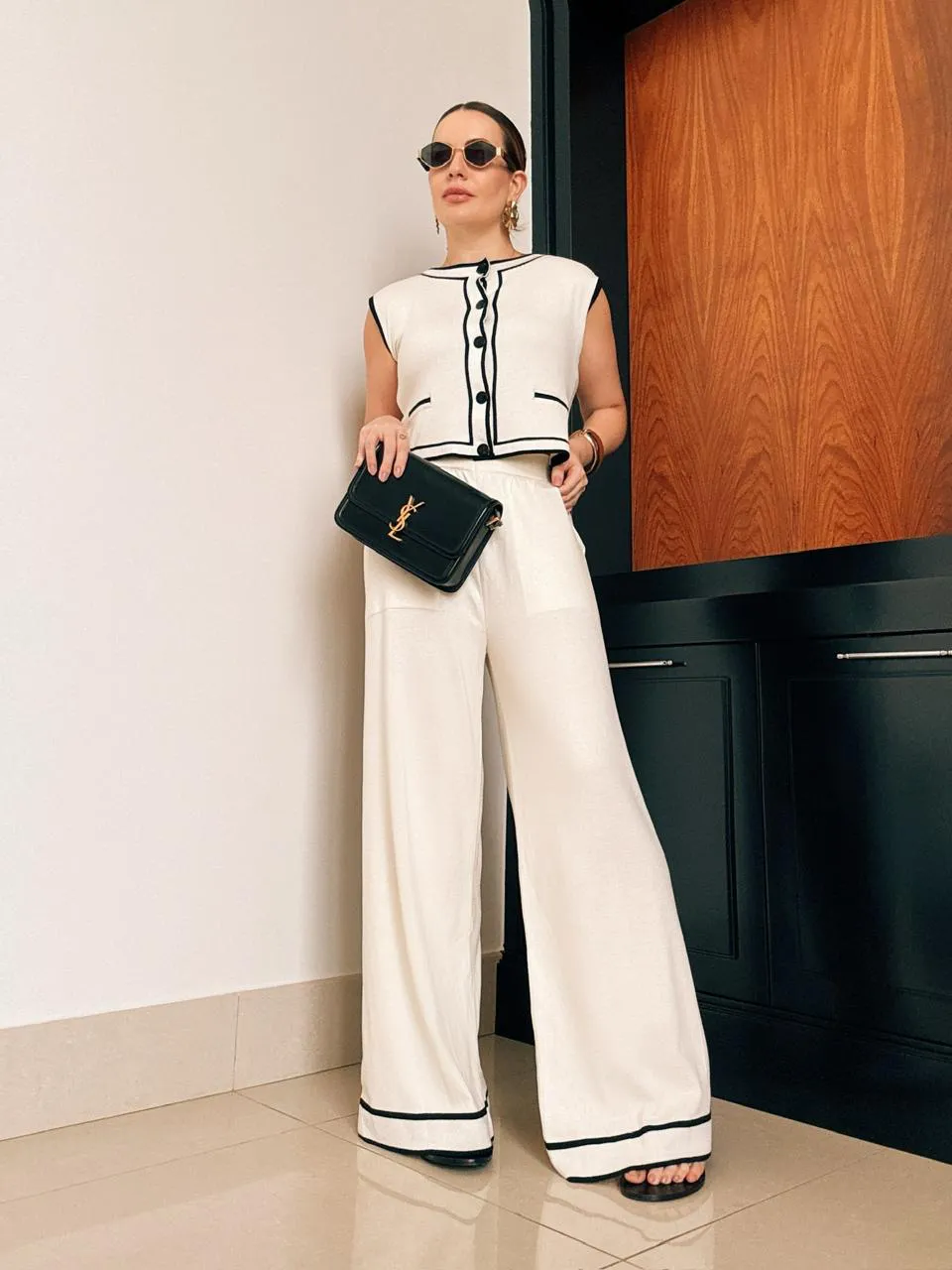 Chic White Knit Set with Black Trim Accents — Knit Set Outfits