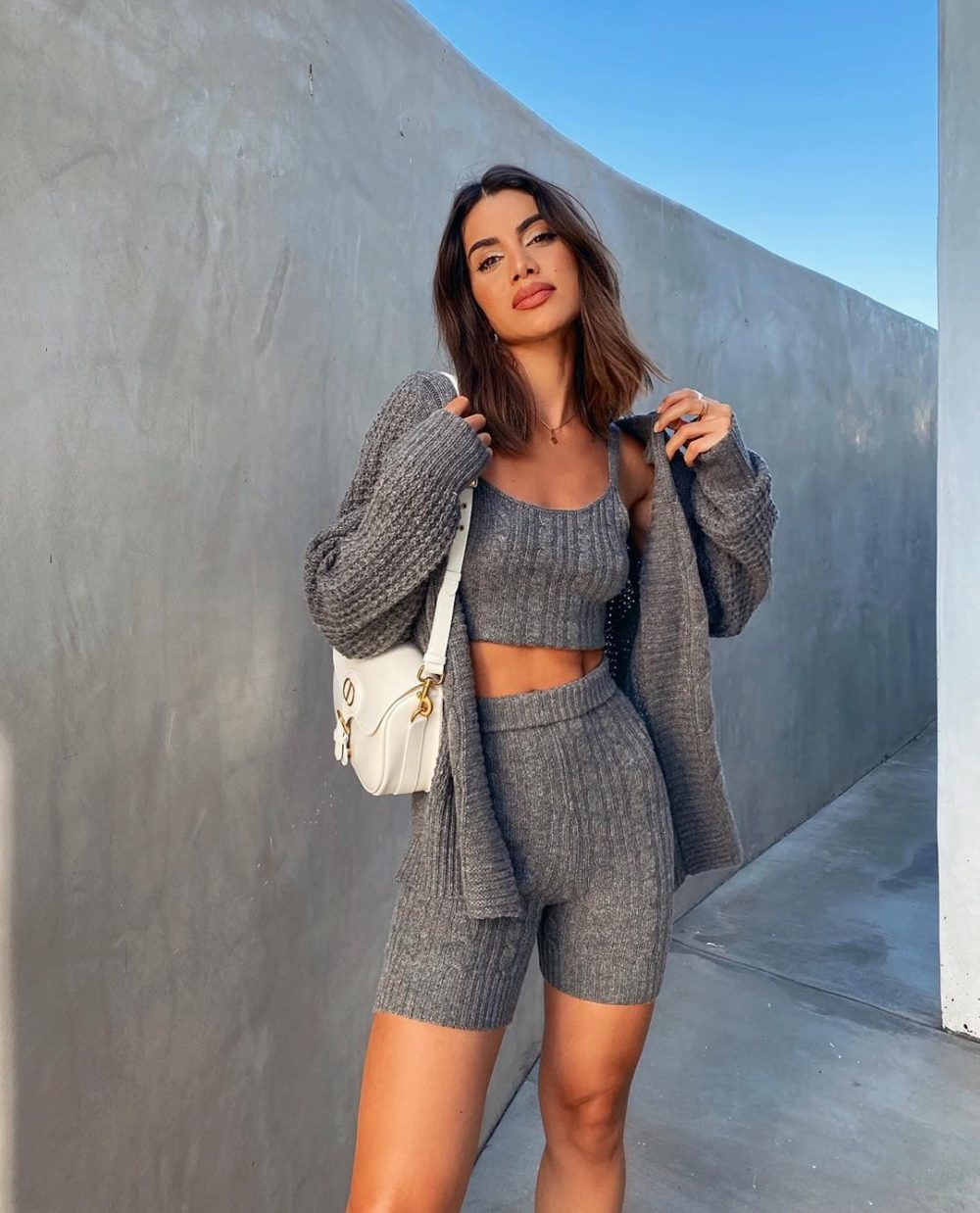 Textured Grey Knit Set with Oversized Cardigan — Knit Set Outfits