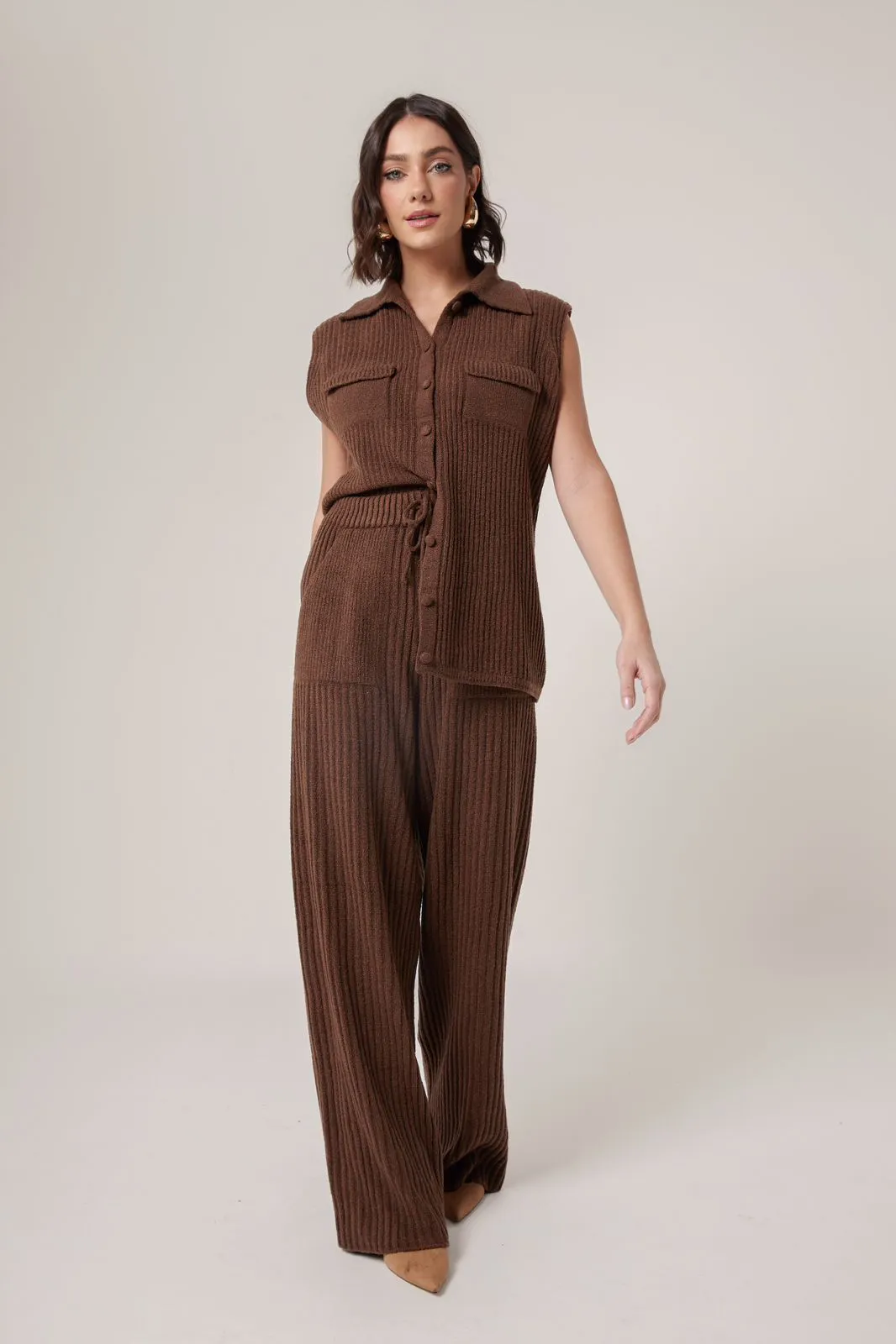 Utilitarian Brown Knit Set with Collared Top — Knit Set Outfits