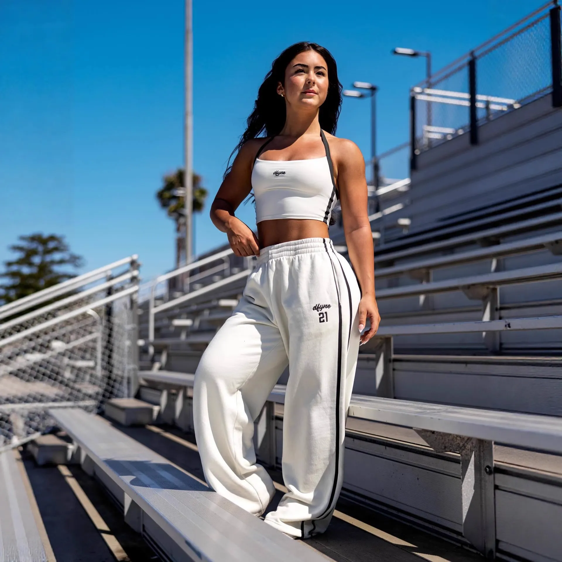 Cream Wide-Leg Sweatpants with Halter Top and Side Stripes — Sweatpants Outfits