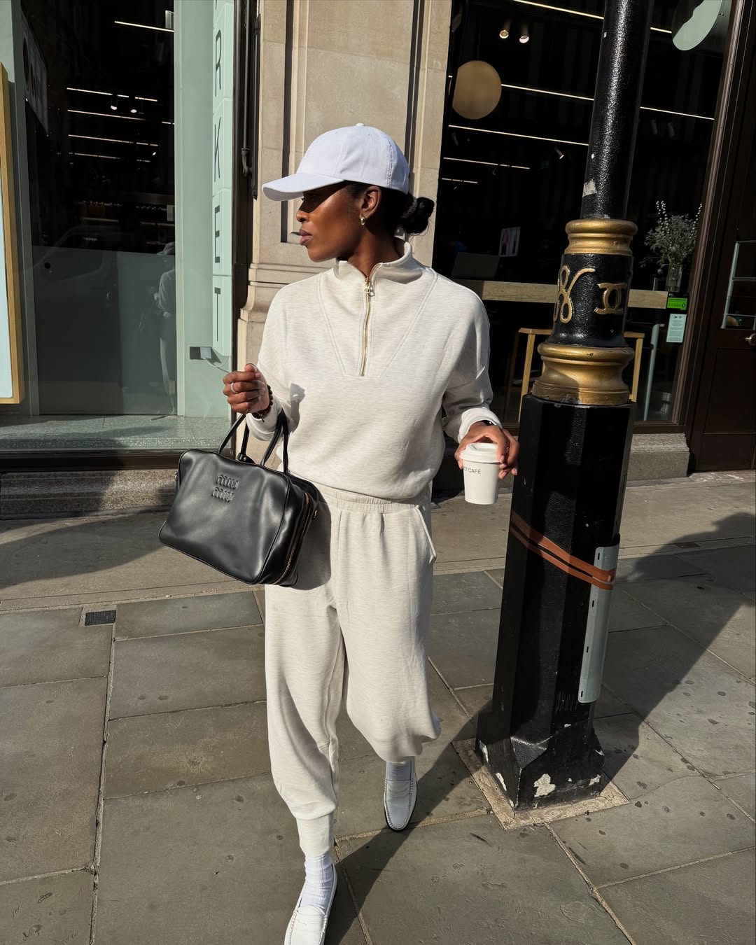 Brown Sweatpants with Stripes, Oversized Shirt, and Beret — Sweatpants Outfits