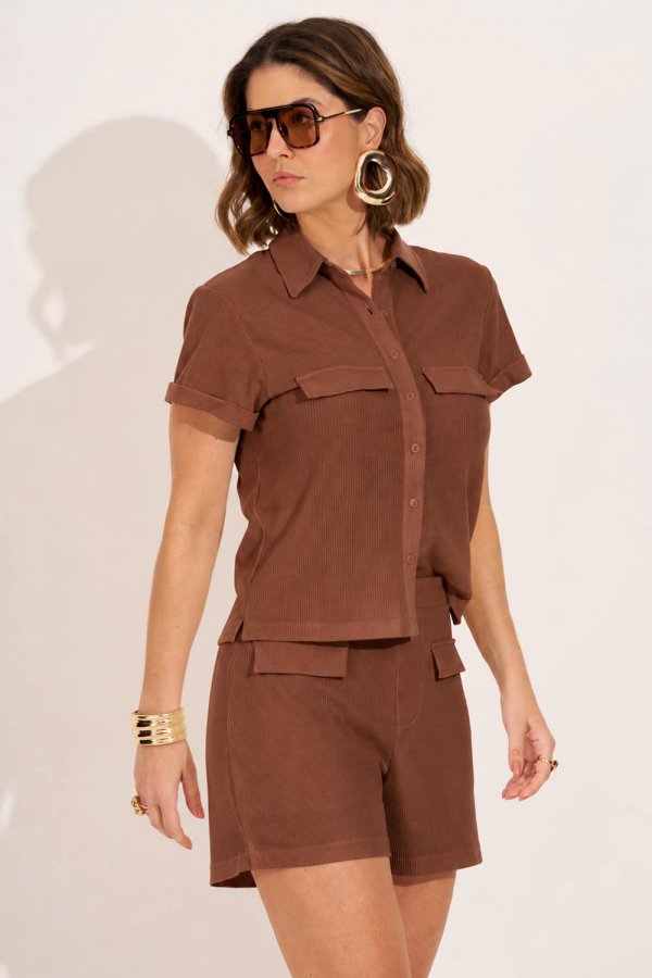 Brown Ribbed Knit Collared Shirt and Shorts Set — Loungewear Outfits