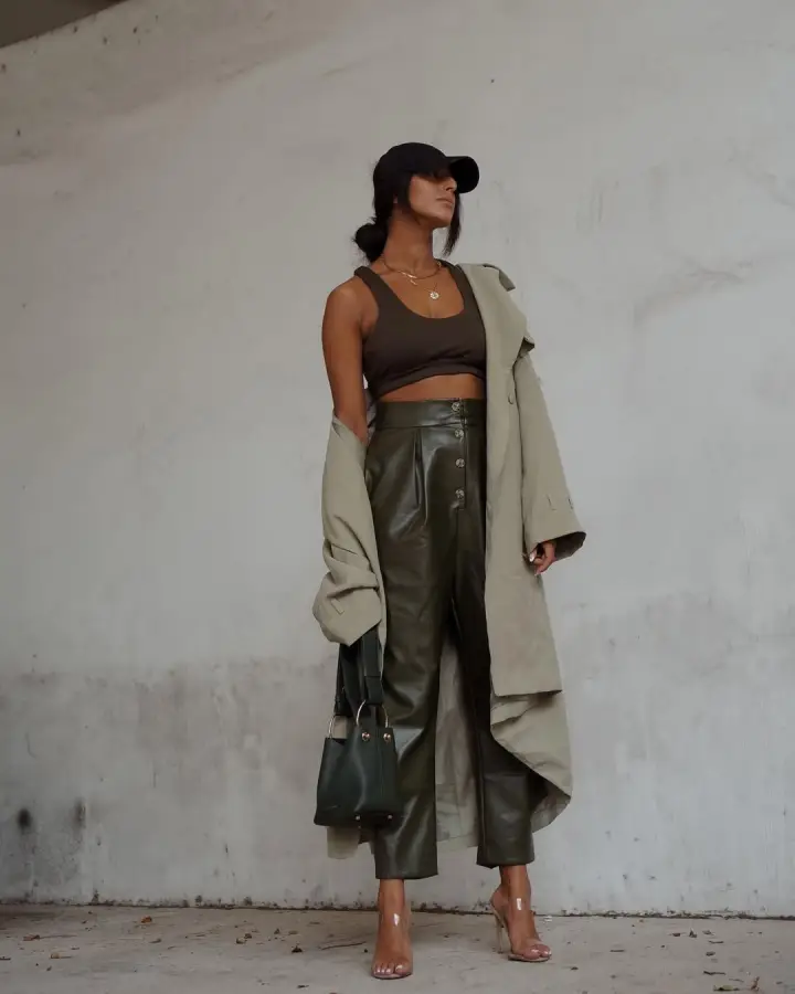 Olive Green Leather Pants with an Oversized Trench for a Casual Day — Leather Pants Outfits
