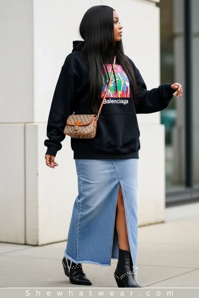 Graphic Black Hoodie with Denim Maxi Skirt — Hoodie Outfits