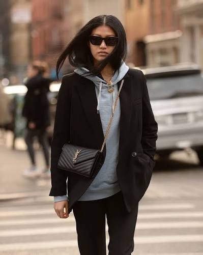 Smart Casual: Light Blue Hoodie Under a Black Blazer — Hoodie Outfits