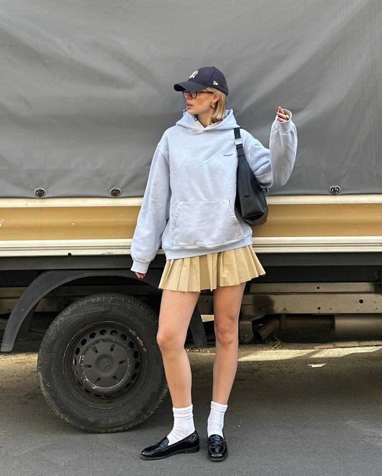 Light Grey Hoodie with a Pleated Mini Skirt — Hoodie Outfits