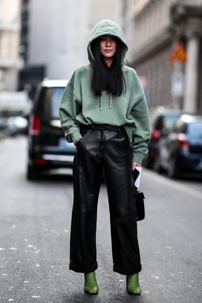 Bold Green Hoodie with Faux Leather Pants — Hoodie Outfits