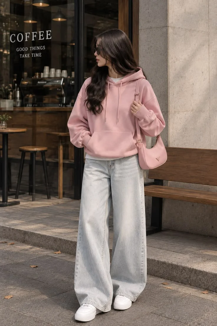 Relaxed Pink Hoodie with Wide-Leg Jeans — Hoodie Outfits