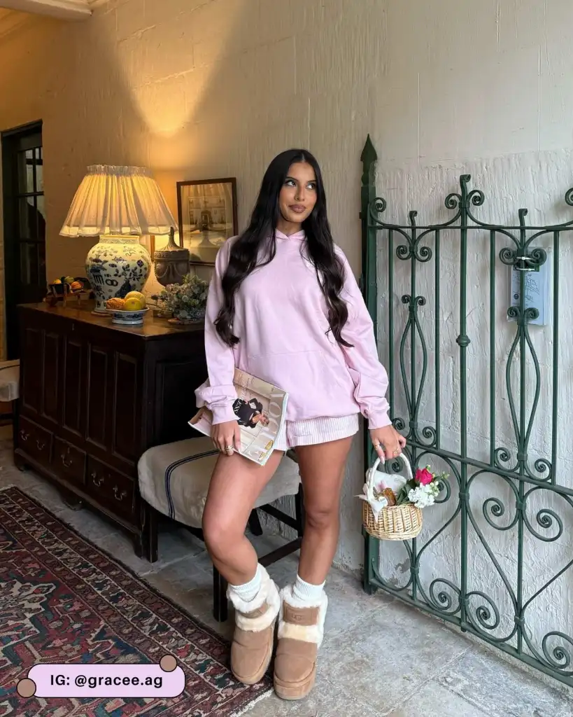 Pink Ruffled Hoodie with Shearling Boots — Hoodie Outfits