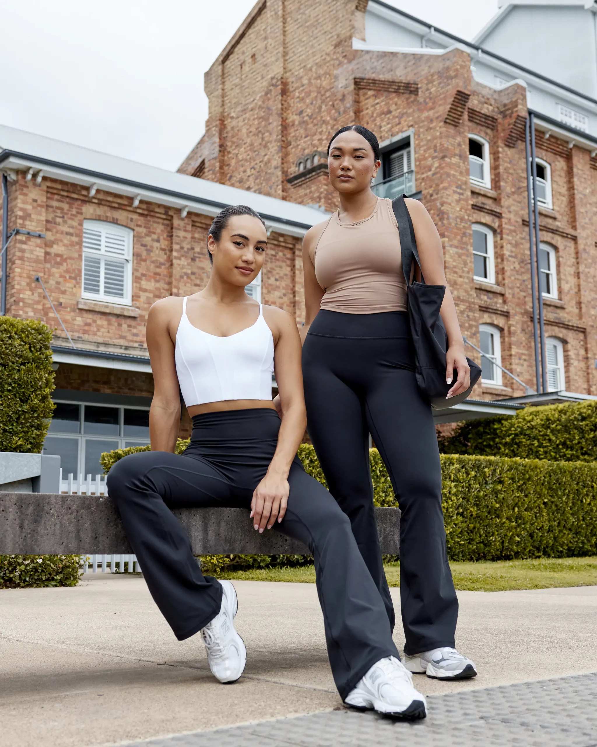 White Athletic Sneakers Outfit Idea — Flare Leggings Outfits