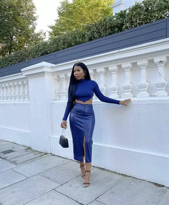 Royal Blue Leather Midi Skirt with Matching Crop Top and Strappy Heels — Leather Skirt Outfits