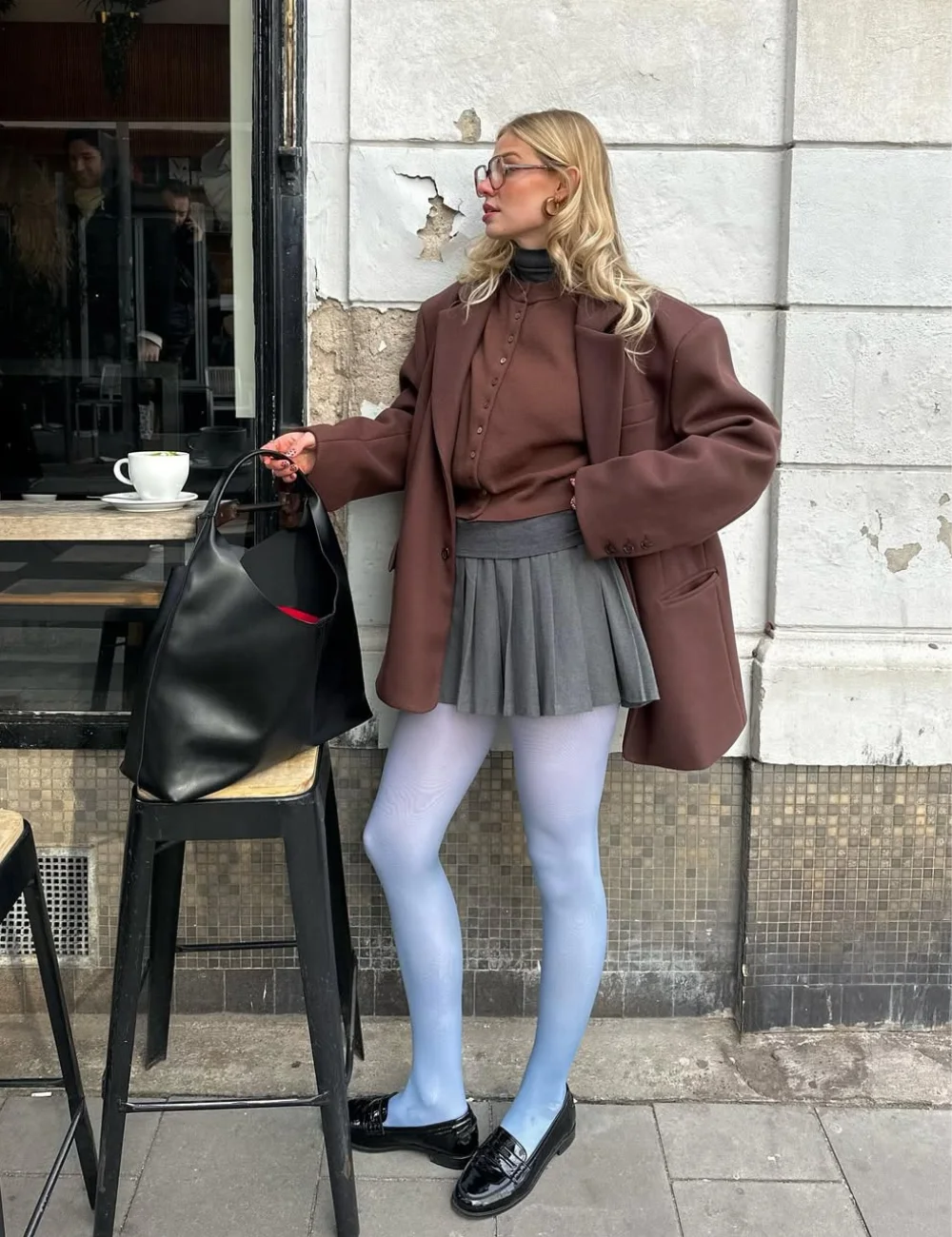 Light Blue Opaque Tights with a Pleated Mini Skirt and Oversized Blazer — Tights Outfits