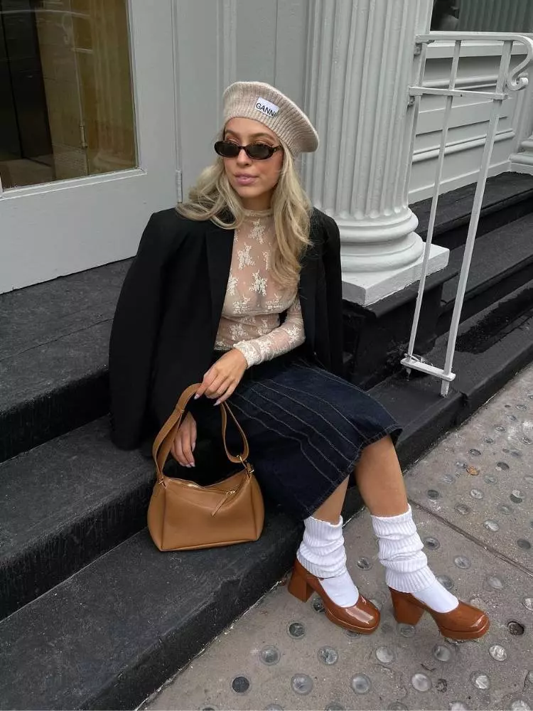 Denim Mini Skirt and Blazer with Slouchy White Leg Warmers — Leg Warmers Outfits