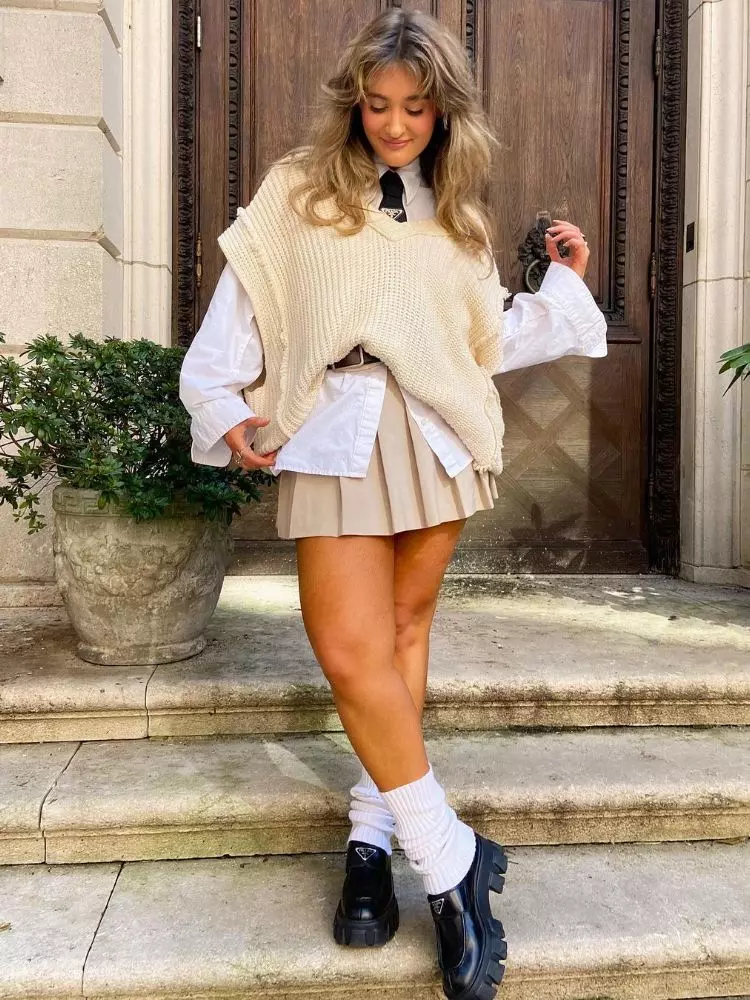 Preppy Cream Vest Outfit with White Leg Warmers and Loafers — Leg Warmers Outfits