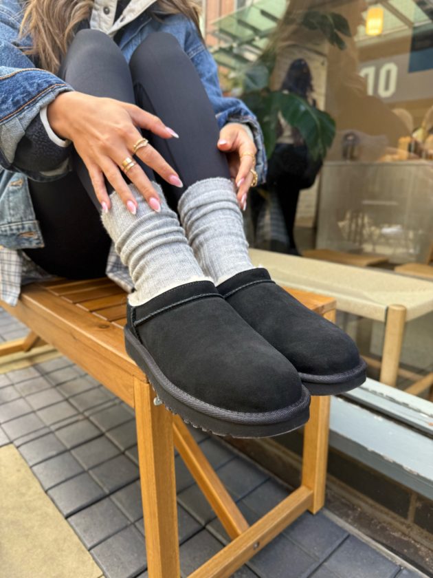 Edgy Casual: Black Ugg Slippers with Plaid and Denim — Ugg Slippers Outfits