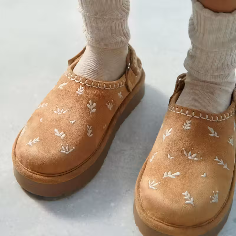 Embroidered Detail: Platform Ugg Slippers with Ribbed Socks — Ugg Slippers Outfits