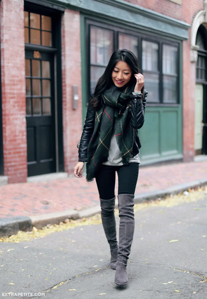Grey Suede Over-the-Knee Boots with Black Jeans and Leather Jacket — Over the Knee Boots Outfits