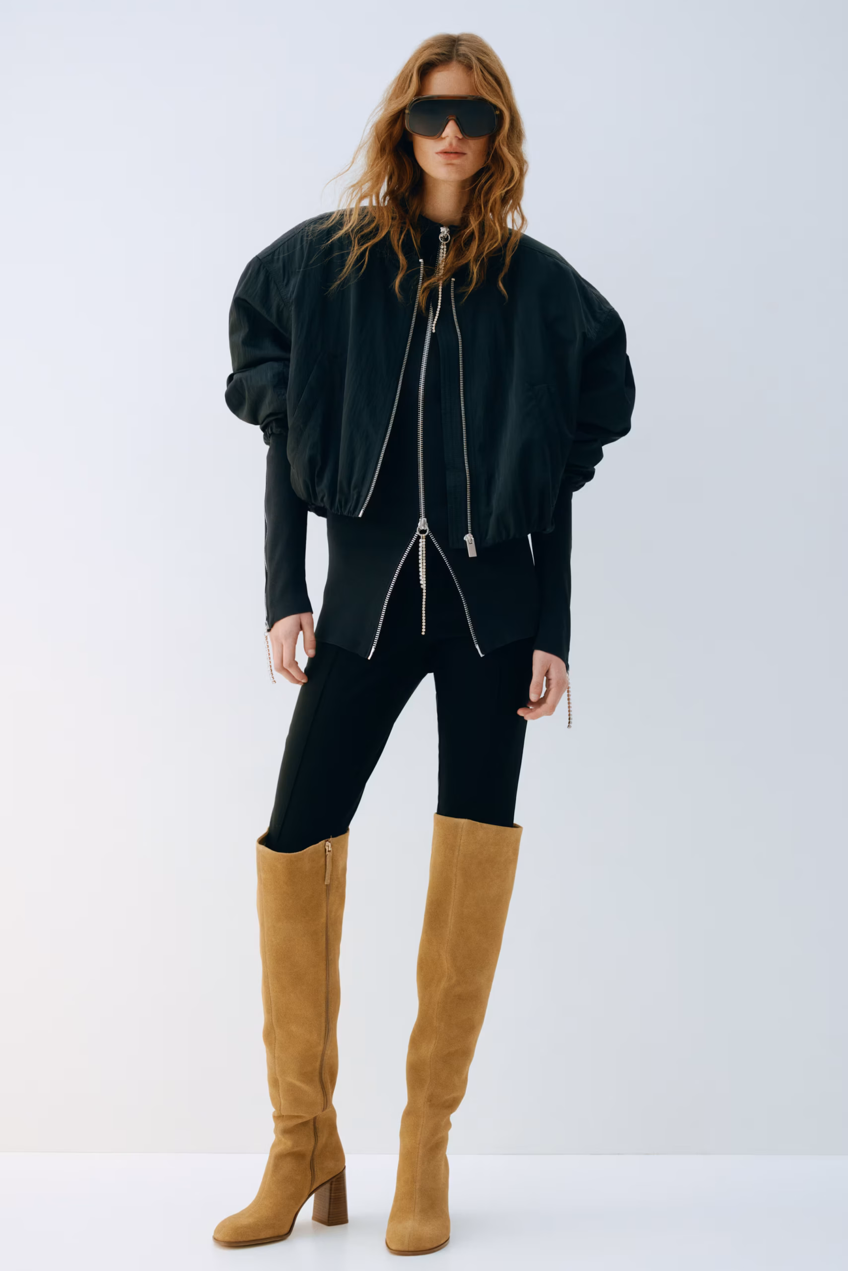 Tan Suede Over-the-Knee Boots with Leggings and Bomber Jacket — Over the Knee Boots Outfits