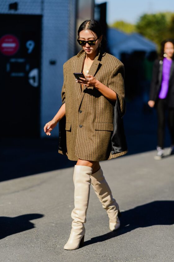 Cream Leather Over-the-Knee Boots with Oversized Tweed Blazer — Over the Knee Boots Outfits