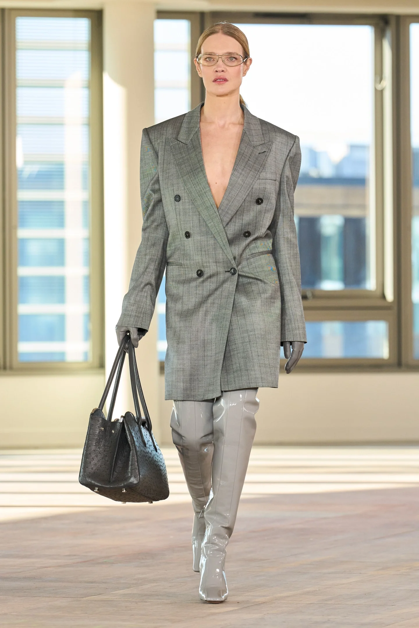 Patent Over-the-Knee Boots with Grey Plaid Blazer and Gloves — Over the Knee Boots Outfits