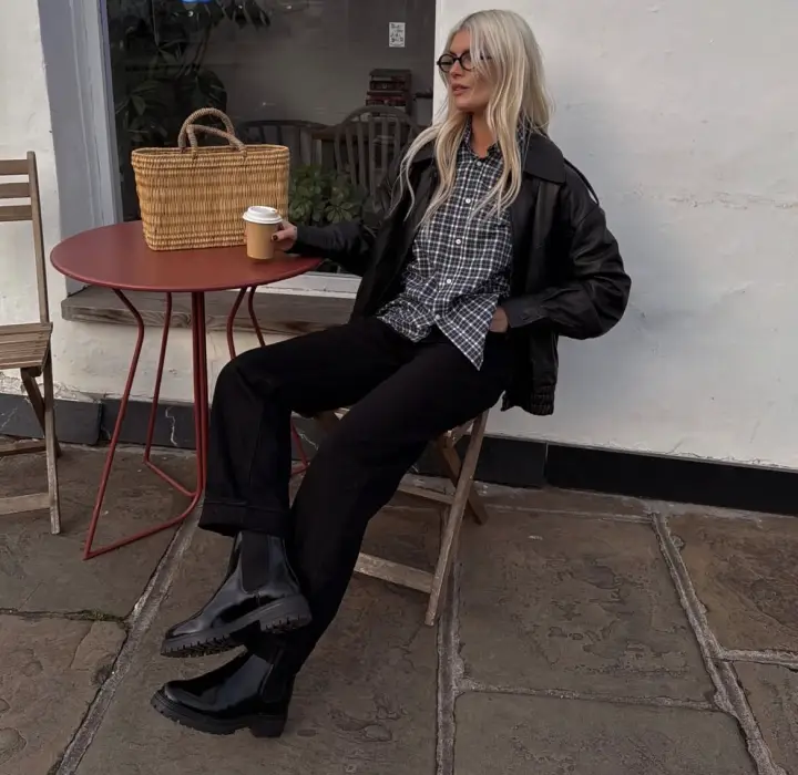 Patent Chelsea Boots: Leather Jacket and Plaid Shirt Casual Patent Chelsea Boots: Leather Jacket and Plaid Shirt Casual — Chelsea Boots Outfits