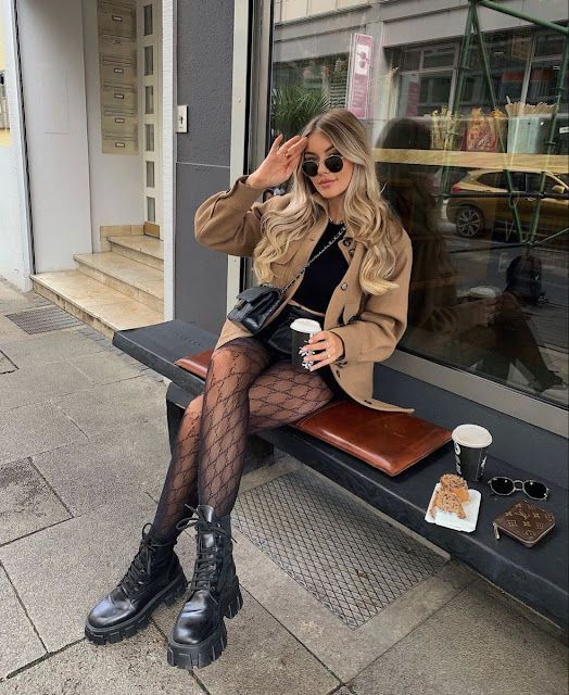 Patterned Tights and Mini Skirt with Lace-Up Combat Boots Patterned Tights and Mini Skirt with Lace-Up Combat Boots — Combat Boots Outfits