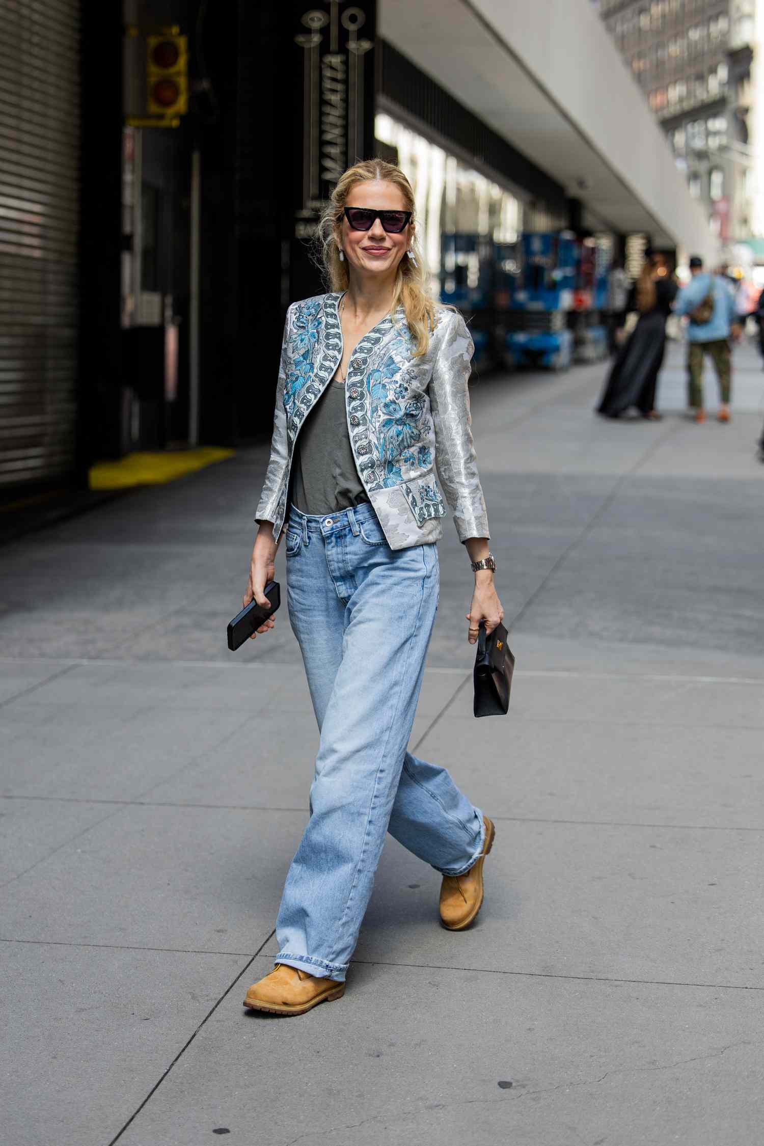 Wide-Leg Jeans and Patterned Jacket with Tan Timberlands — Timberland Boots Outfits