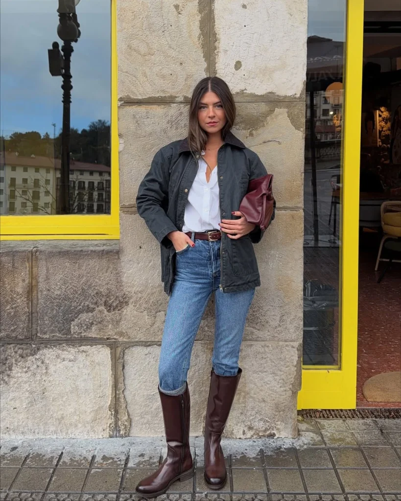Equestrian-Inspired: Riding Boots with Slim Trousers and a Patterned Jacket — Riding Boots Outfits
