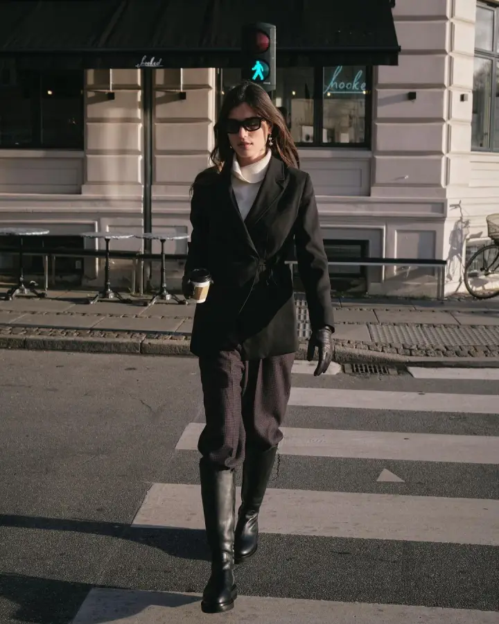 Polished Black Riding Boots with Plaid Trousers and a Belted Blazer — Riding Boots Outfits