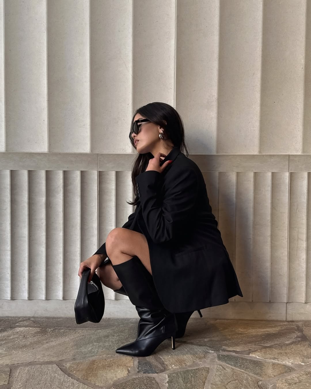 Sleek Evening: Black Blazer, Dress, and Stiletto Slouchy Boots — Slouchy Boots Outfits