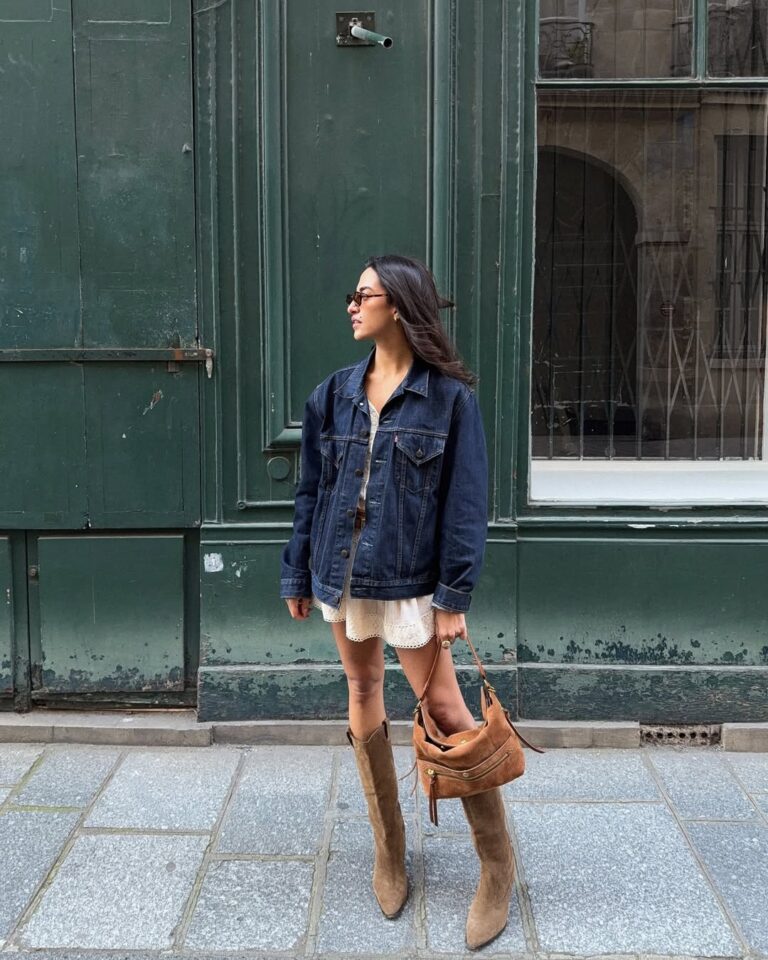 Denim Lace Suede Casual Outing with Tan Suede Knee-High Boots and Denim — Suede Boots Outfits