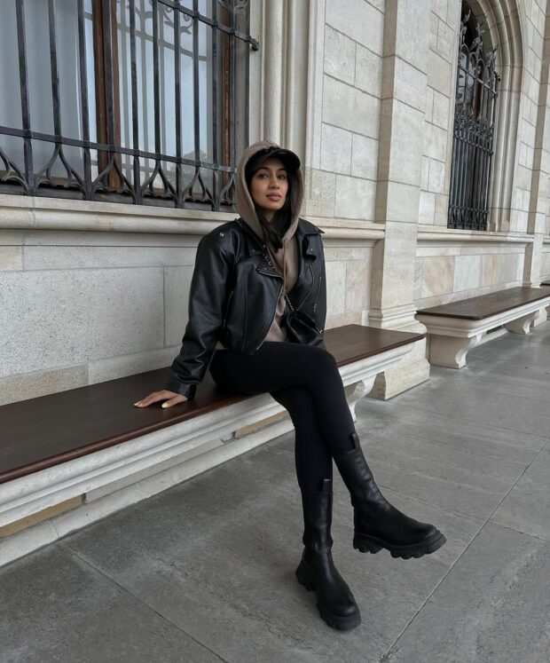Casual Urban Style with Platform Boots and Leather Jacket — Black Boots Outfits