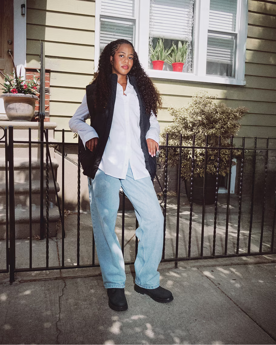 Quilted Vest Layered Over Button-Down with Black Boots — Timberland Boots Outfits
