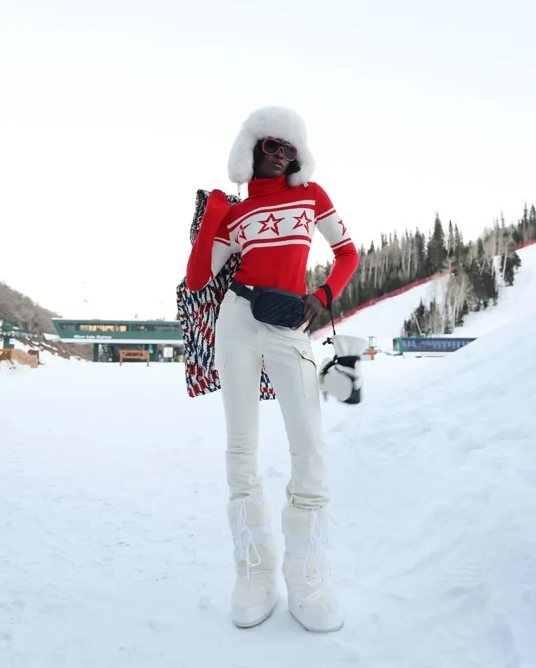 Fluffy White Snow Boots with Ski Attire — Snow Boots Outfits