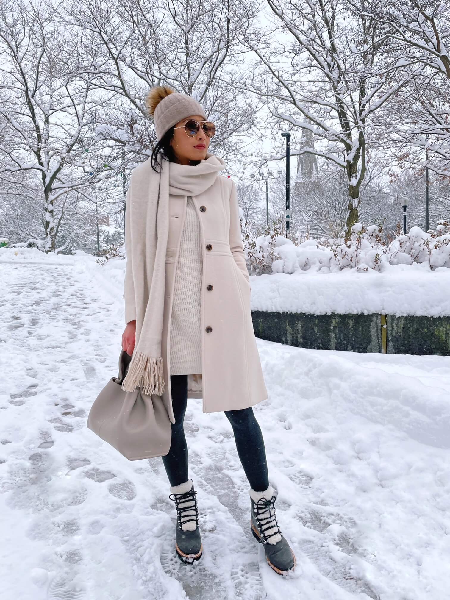 Lace-Up Snow Boots with Knit Dress and Wool Coat — Snow Boots Outfits