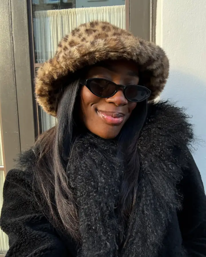 Leopard Print Fur Bucket Hat with Textured Black Coat — Fur Hat Outfits