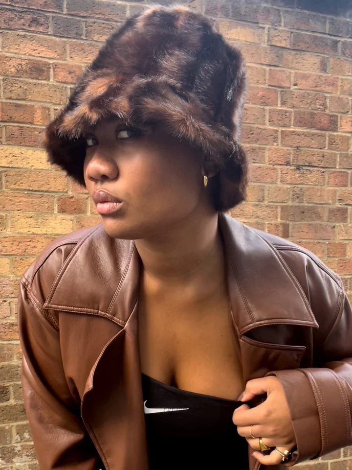 Casual Streetwear Brown Fur Bucket Hat with Faux Leather Jacket — Fur Hat Outfits