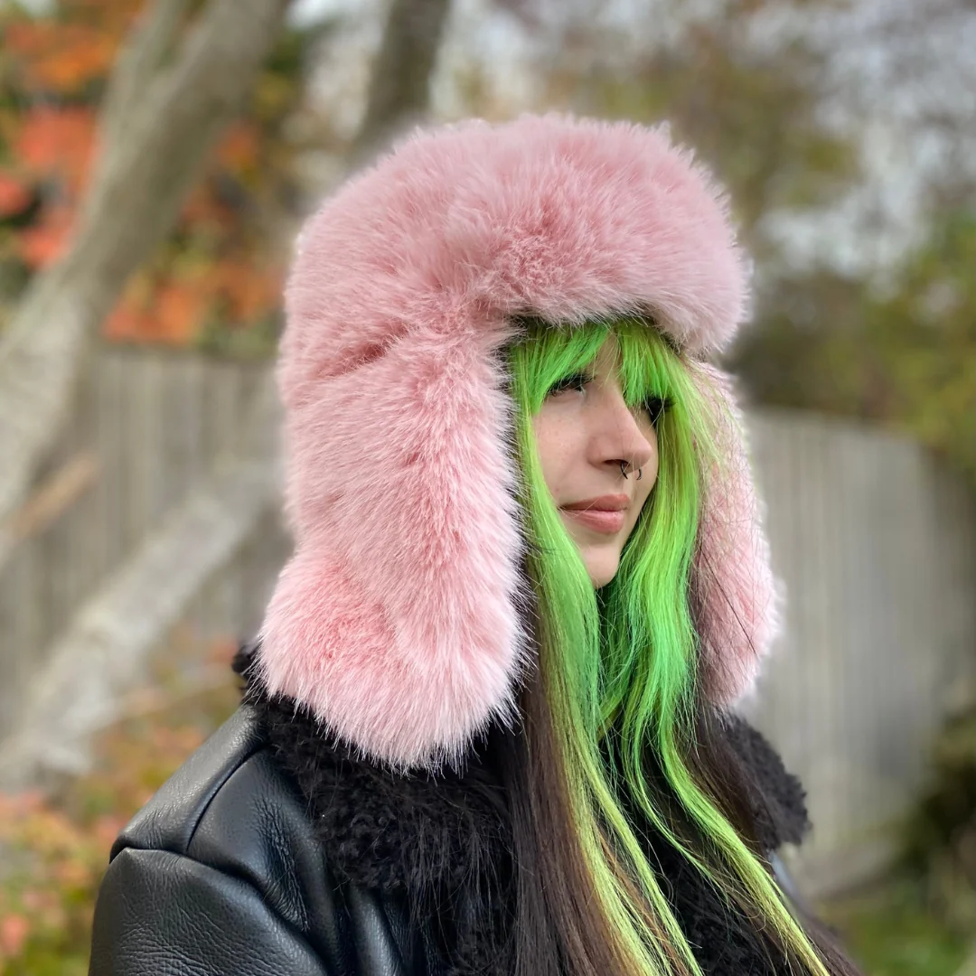 Pink Faux Fur Trapper Hat with Leather Jacket — Fur Hat Outfits