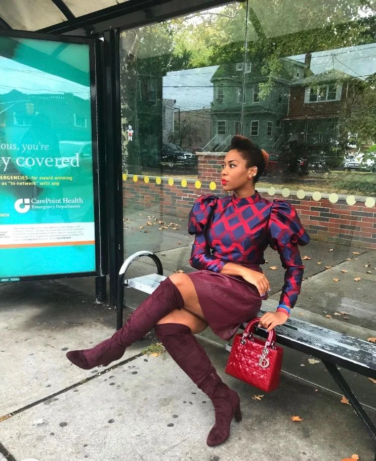 Playful Puff-Sleeve Top and Mini Skirt with Over-the-Knee Boots — Burgundy Outfits