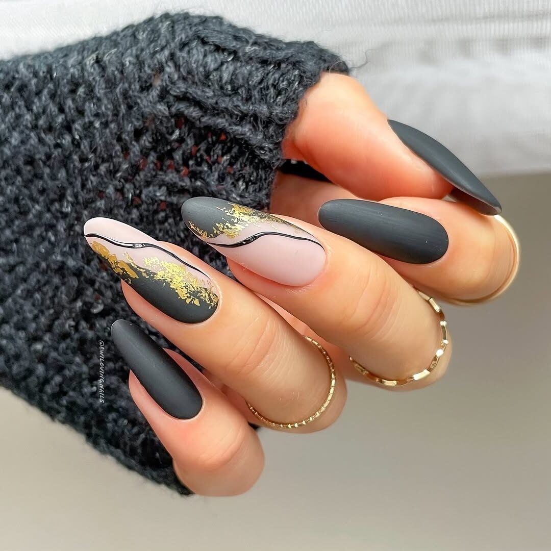 Matte Black Pink Gold Foil Accents — Winter Gel Nail Colors