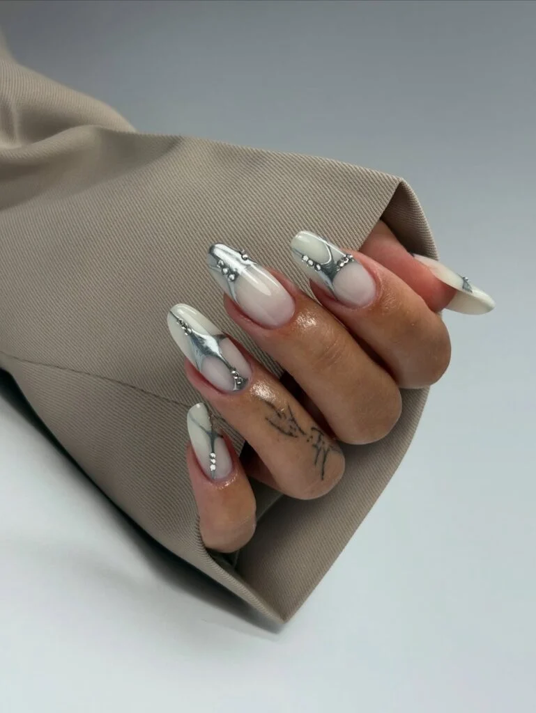 Milky White with Silver Abstract Metallic — Winter Gel Nail Colors