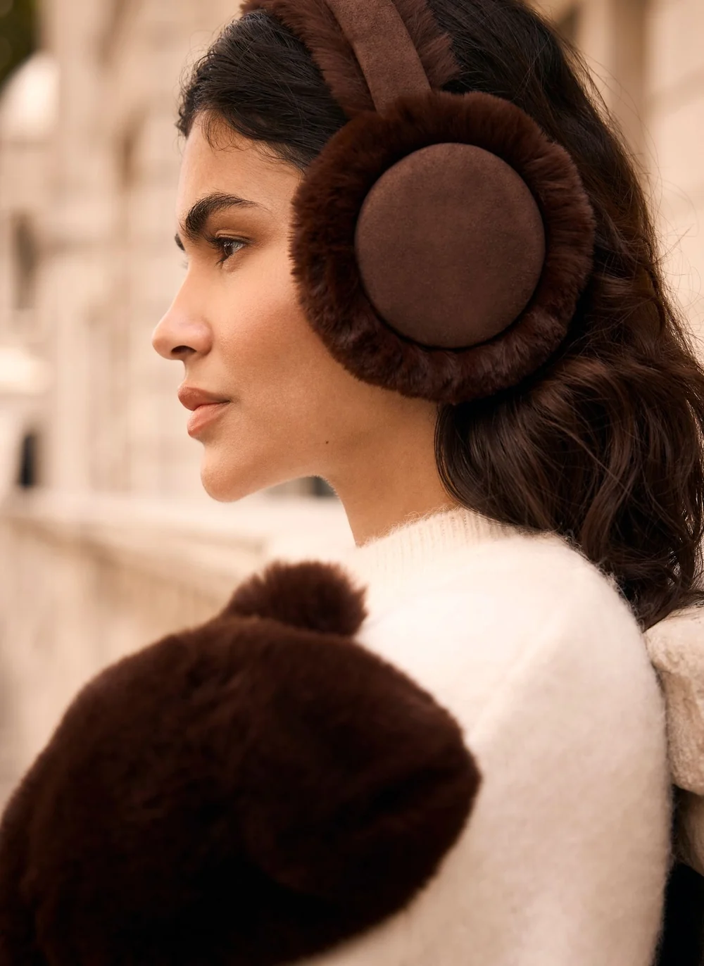 Brown Suede and Fur Earmuffs with a Cream Knit Sweater Brown Suede and Fur Earmuffs with a Cream Knit Sweater — Earmuffs Outfits