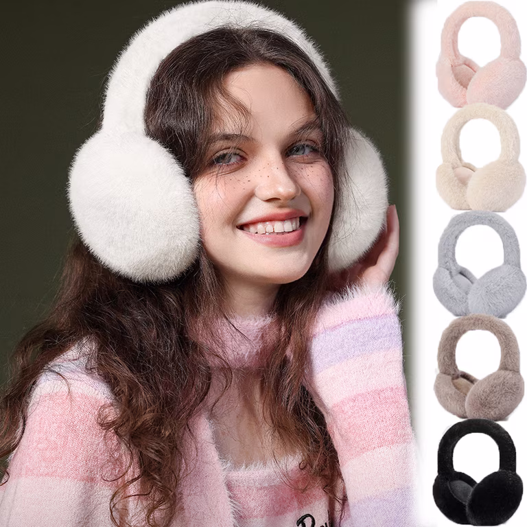 Fluffy White Earmuffs with Striped Knit and Scarf Set Fluffy White Earmuffs with Striped Knit and Scarf Set — Earmuffs Outfits
