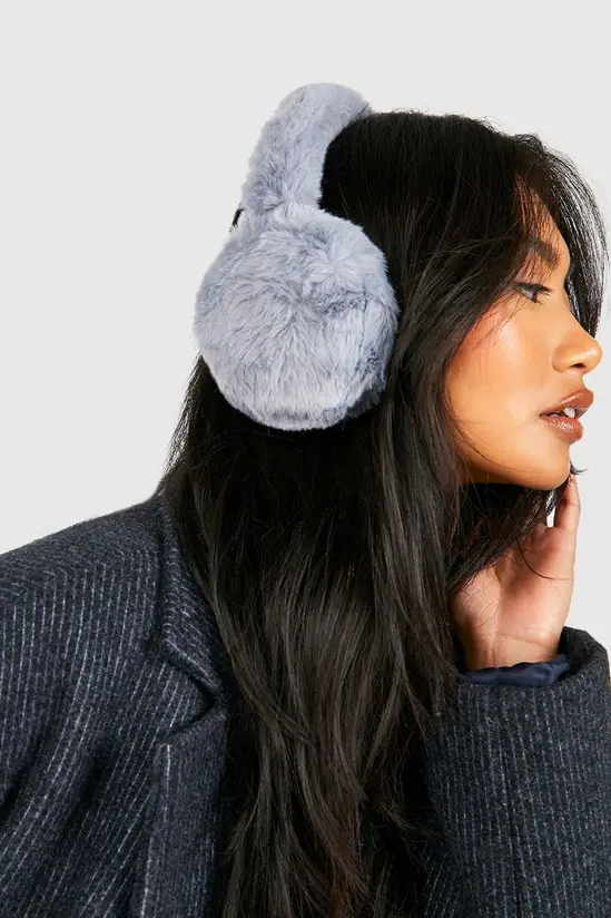 Grey Faux Fur Earmuffs with a Textured Dark Grey Coat Grey Faux Fur Earmuffs with a Textured Dark Grey Coat — Earmuffs Outfits