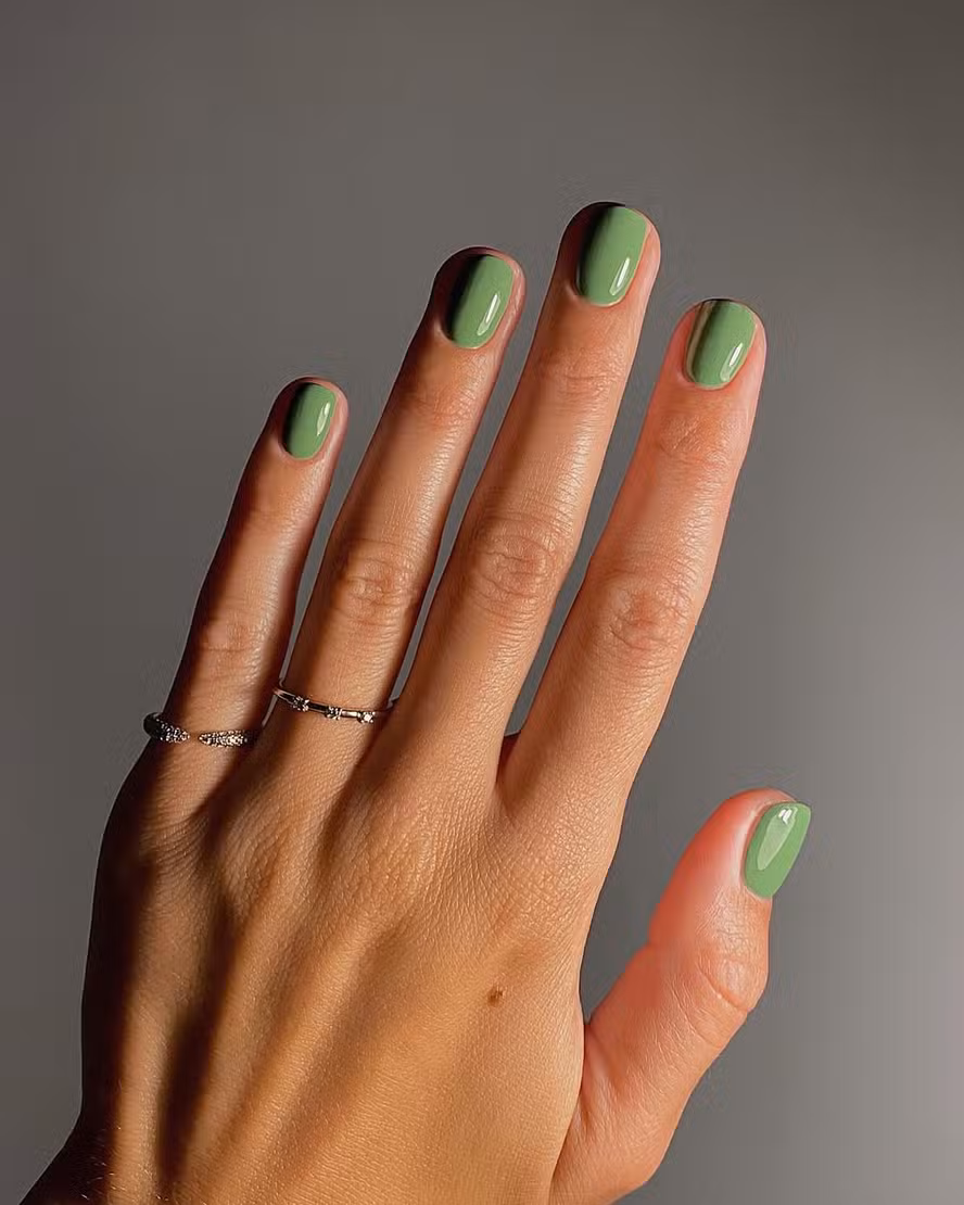 Short Oval Sage Green Glossy Nails — Everyday Winter Nails